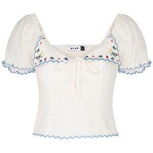 New with Tags. RIXO Embroidered White Linen Puff Sleeve Blouse. Size Small